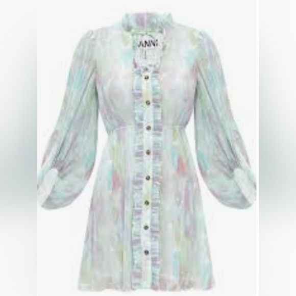 GANNI Dress, NWT, Pastels, Micro-Pleats, Ruffles, Size 14 - Picture 7 of 15